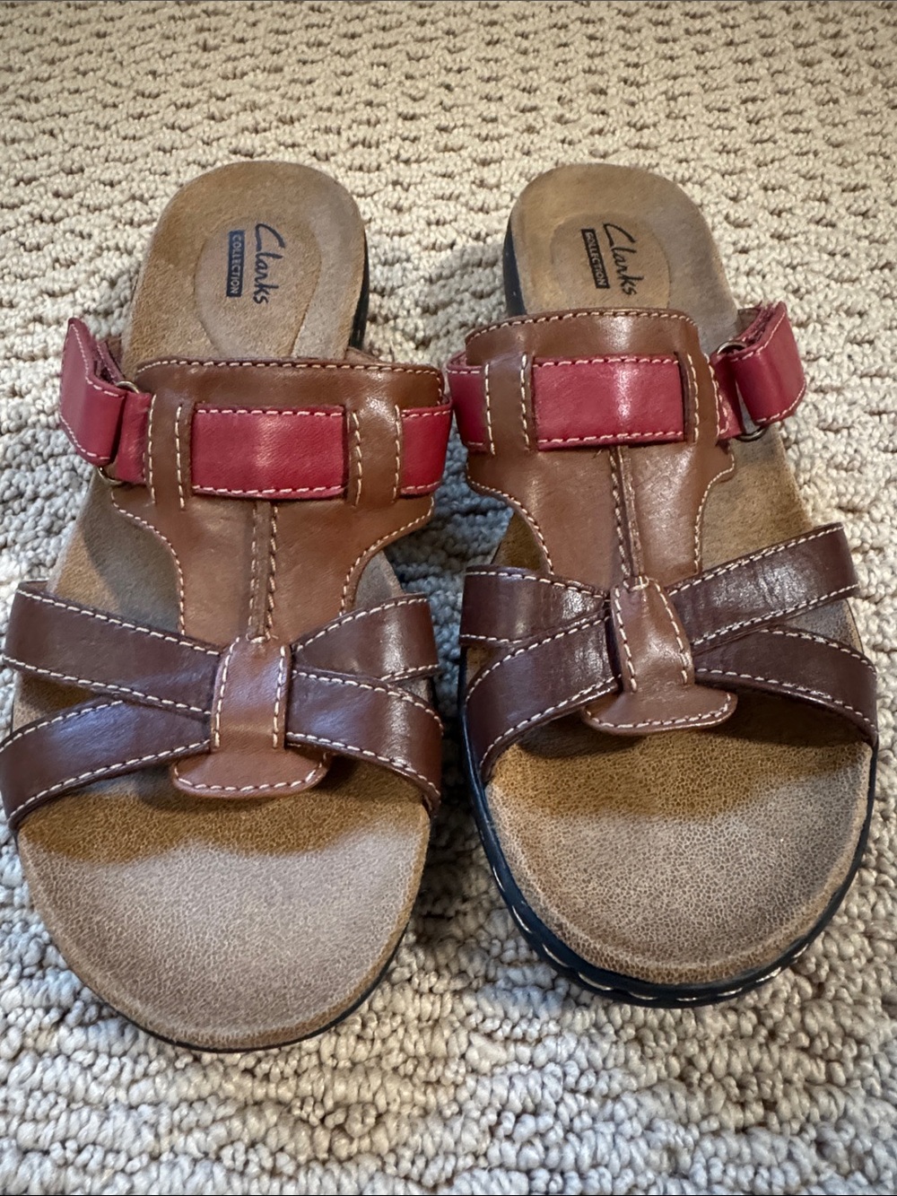 Clarks Brown and Red Leather Slide Mules - Picture 2 of 6